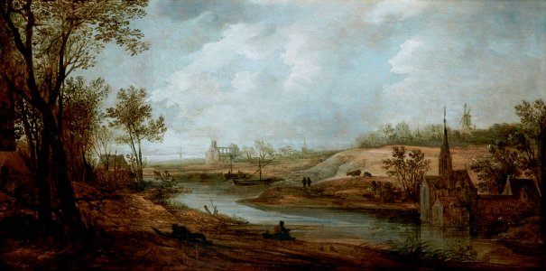 Frans de Momper - Wide river landscape with a church, a windmill and a monastery, with figures resting on a bank and fishing