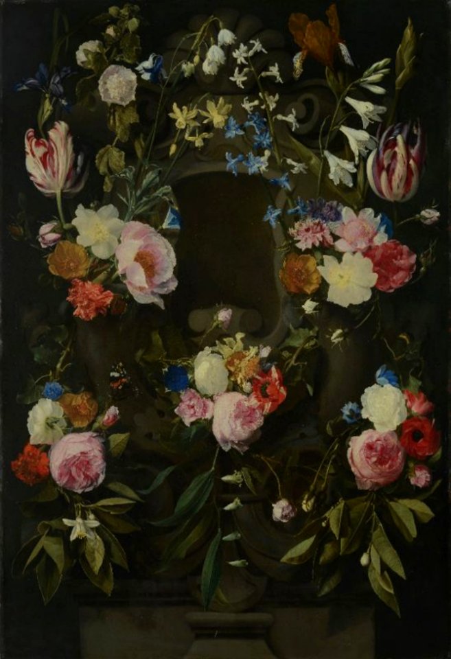 Daniel Seghers - Stone cartouche surrounded by flowers