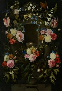 Daniel Seghers - Stone cartouche surrounded by flowers