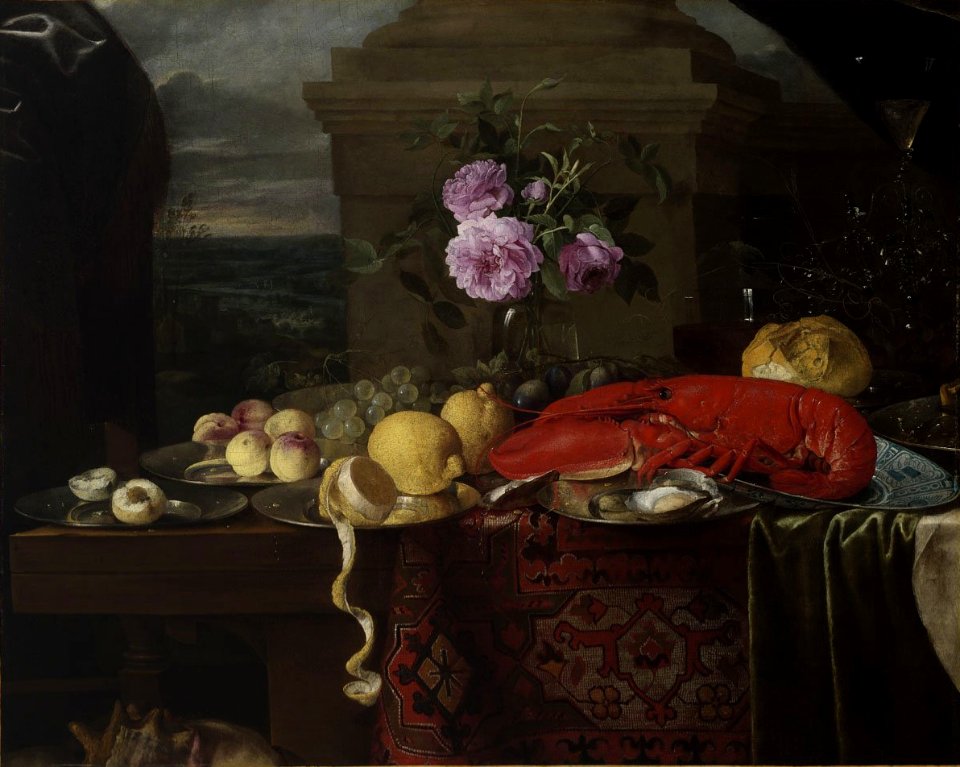 Stilleben mit Hummer Fruechten und Rosenstrauss Jan van de Hecke I