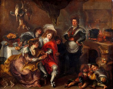 Simon de Vos - Kitchen interior with fortune teller and young nobleman