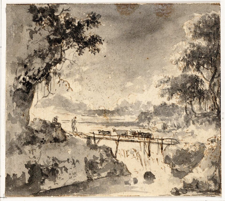 Hans de Jode (Attr.) - Cattle on a wooden bridge over a waterfall