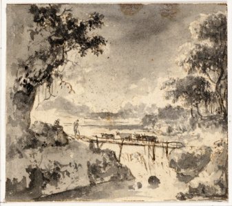 Hans de Jode (Attr.) - Cattle on a wooden bridge over a waterfall