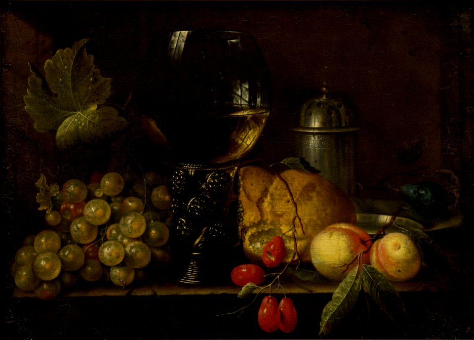 Cornelis de Bryer - Still life of grapes, roemer and bread