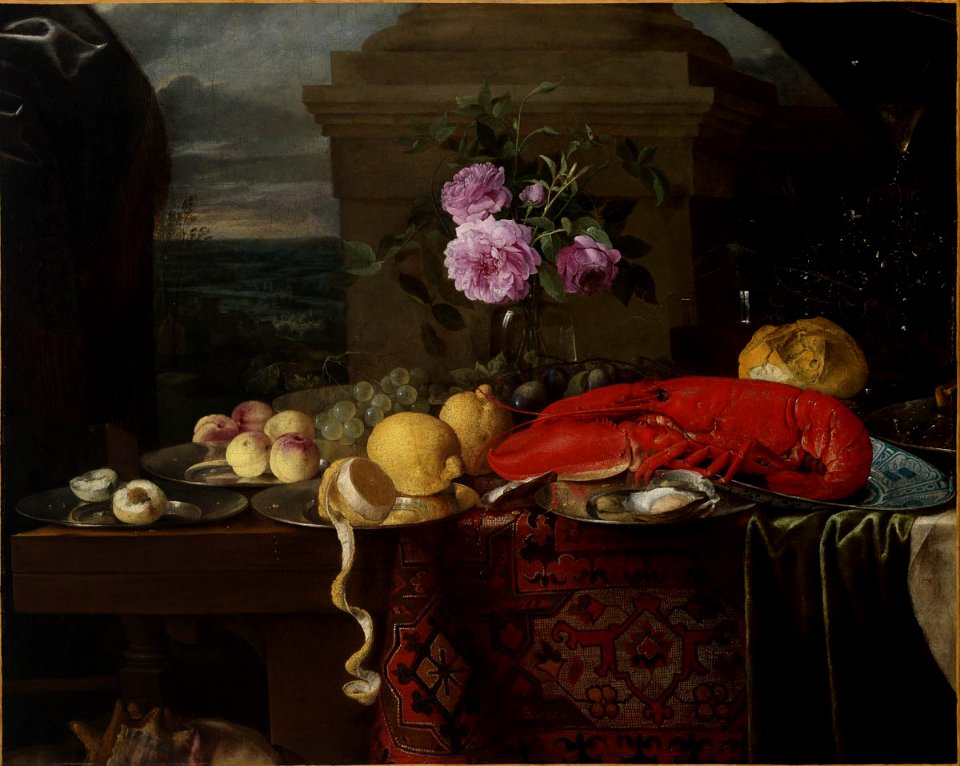 Jan van den Hecke - Still Life with Lobster, Fruit, and Roses