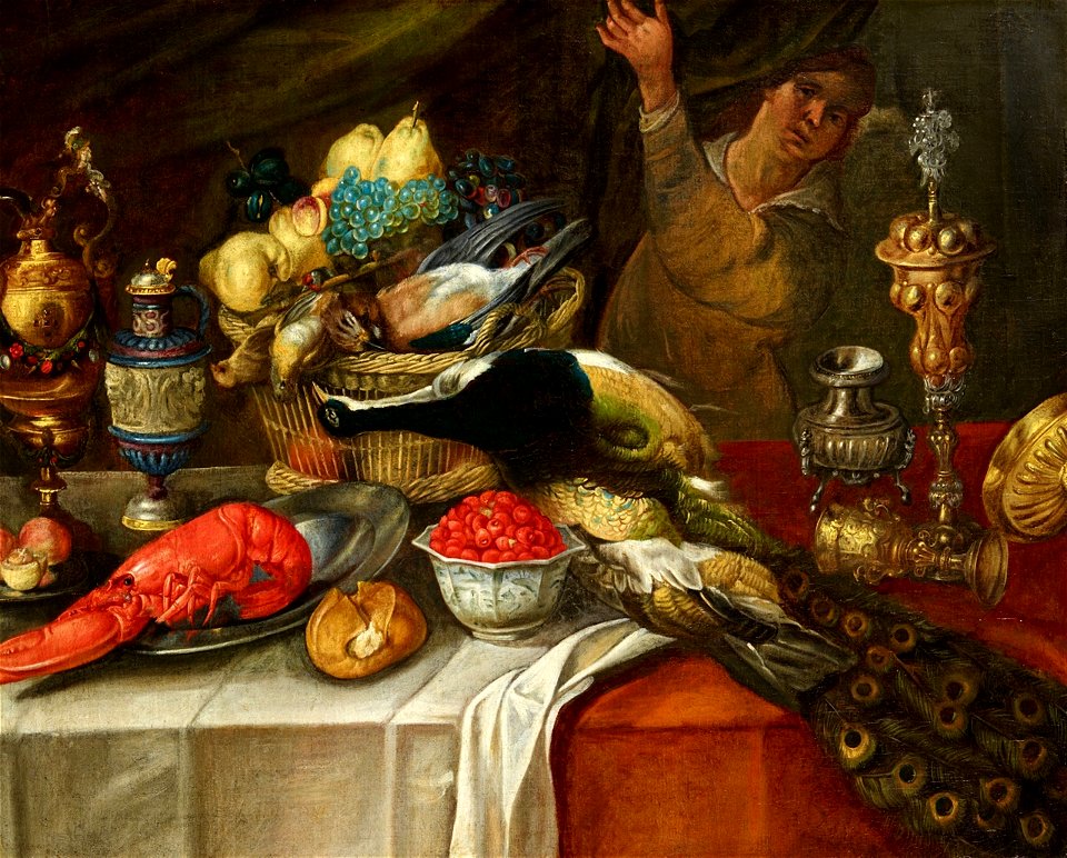 Jan van Kessel (I) - Large Still Life with a Lobster, Birds, Fruit, and Renaissance Goblets