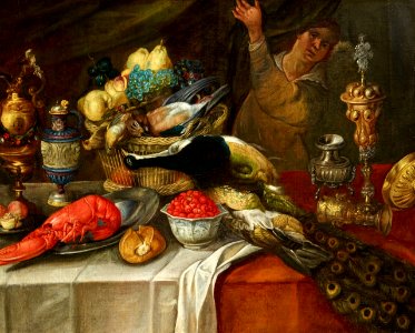 Jan van Kessel (I) - Large Still Life with a Lobster, Birds, Fruit, and Renaissance Goblets. Free illustration for personal and commercial use.