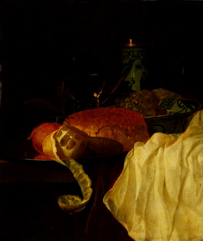 Gillis van Hulsdonck (Attr.) - Still life with peeled lemon, grapes in a Wanli dish, a roemer and a porcelain tankard on a draped table