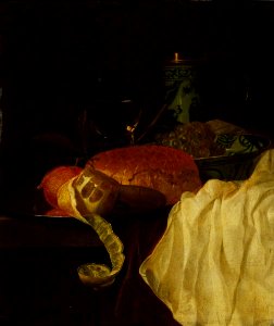 Gillis van Hulsdonck (Attr.) - Still life with peeled lemon, grapes in a Wanli dish, a roemer and a porcelain tankard on a draped table