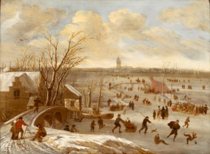 Daniël van Heil - Winter Landscape with Iceskaters. Free illustration for personal and commercial use.