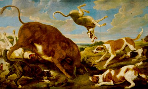 Paul de Vos - Bull Attacked by Hounds. Free illustration for personal and commercial use.