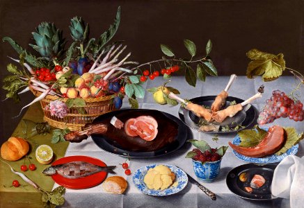Jacob van Hulsdonck - A Still Life with Artichokes, Radishes, Asparagus, Plums, Cherries and Peaches in a Basket, together with a Ham and Pig’s Trotters
