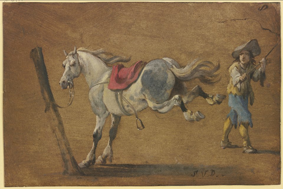Simon Johannes van Douw - A kicking white horse, a farmer with a whip behind it