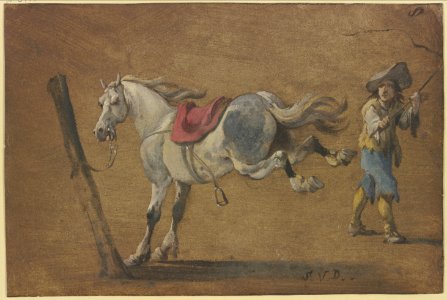 Simon Johannes van Douw - A kicking white horse, a farmer with a whip behind it
