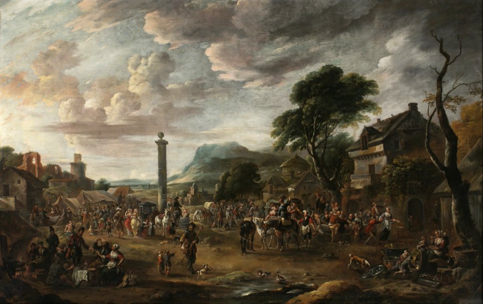 Anton Goubau - Busy market square of a village in the mountains
