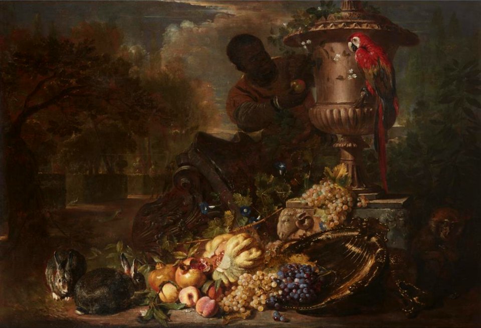 David de Coninck - Still Life of Fruit on a Silver Dish with Figure, Rabbits, Parrot, and Monkey Beneath a Broken Capital and an Ornamental Urn (cropped)