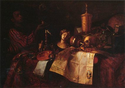 Cornelis Norbertus Gijsbrechts - Vanitas still life with a young Moor presenting a pocketwatch. Free illustration for personal and commercial use.