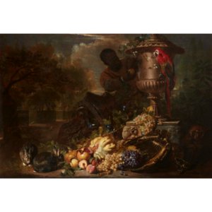 David de Coninck - Still Life of Fruit on a Silver Dish with Figure, Rabbits, Parrot, and Monkey Beneath a Broken Capital and an Ornamental Urn