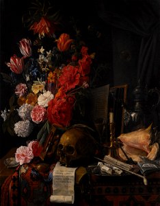 Nicolaes van Verendael - Vanitas still life with flowers, a skull, hourglass, conch shell and silver jug on a partially draped table
