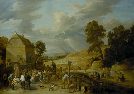 David Teniers (II) - Peasants dancing outside an inn. Free illustration for personal and commercial use.