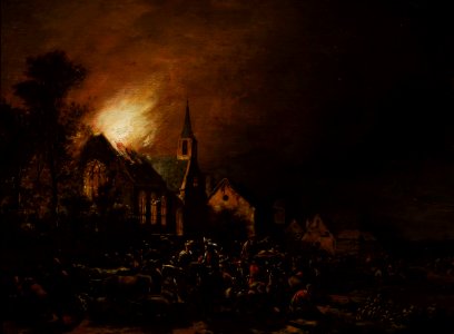Poel Fire of a church with staffage and cattle