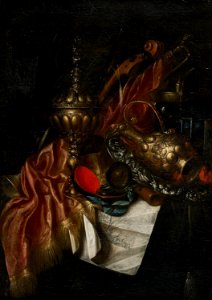 Cornelis Norbertus Gijsbrechts - Still life with drapery and gilded jugs. Free illustration for personal and commercial use.