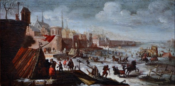 Jan Carel van Eyck - Flemish townscape with an animated frozen river