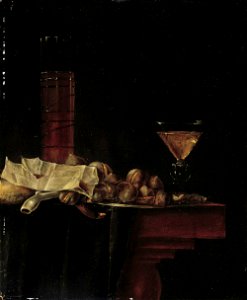 Godfriedt van Bochoutt - Still life of chestnuts, smoking utensils and a glass of wine on a table