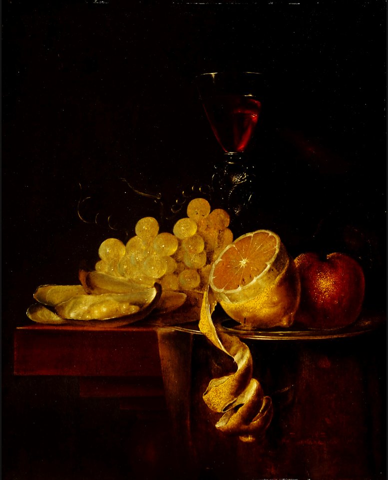 Godfriedt van Bochoutt - Still life of fruit, an oyster and a glass of wine on a table