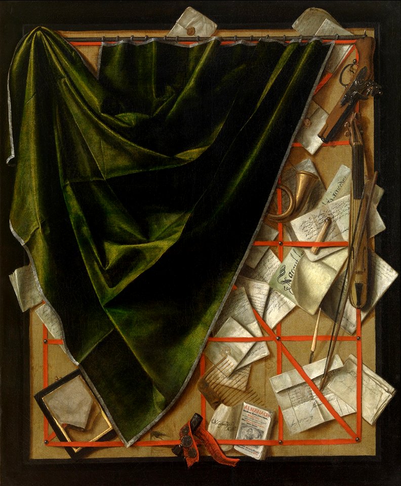 Cornelis Norbertus Gijsbrechts - Trompe l'oeil of a qoudlibet with violin, pistol and curtain to the left
