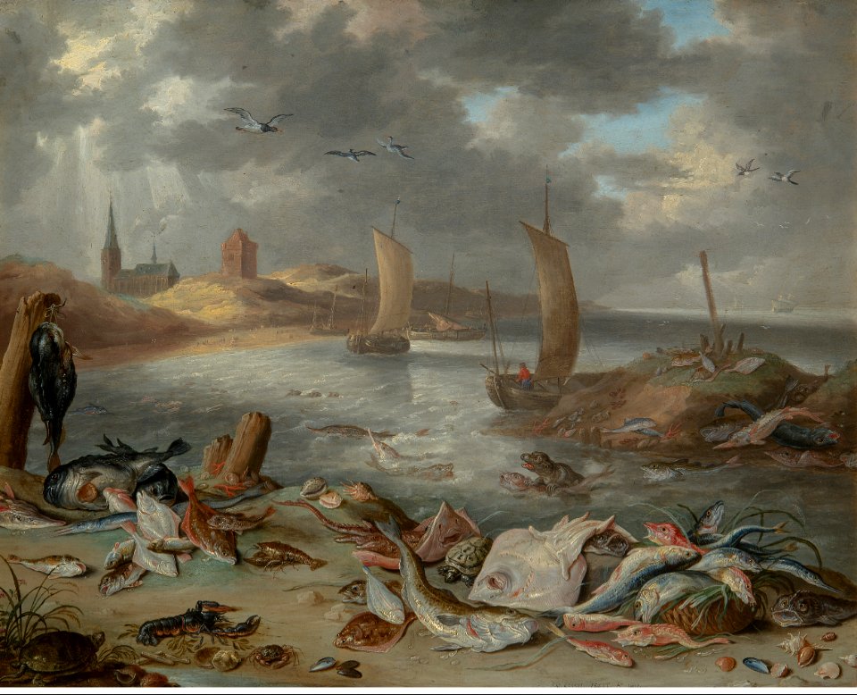 Jan van Kessel (I) - Coast with fish. Free illustration for personal and commercial use.