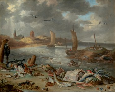Jan van Kessel (I) - Coast with fish. Free illustration for personal and commercial use.