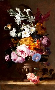 Abraham Breughel - Roses, jasmine, primroses and other flowers in an urn on a stone ledge