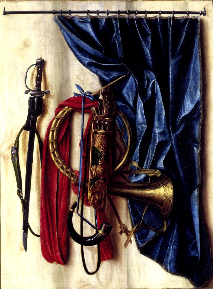 Cornelis Norbertus Gijsbrechts - Trompe l'oeil with curtain and hunting implements