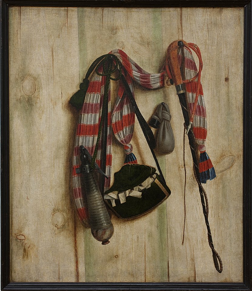 Cornelius Norbertus Gijsbrechts (1657-1683), Trompe l'oeil med ridepisk og brevtaske, 1672 Kms3066