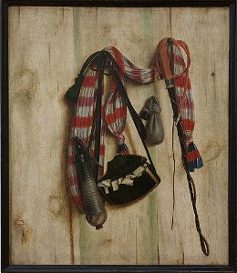 Cornelius Norbertus Gijsbrechts (1657-1683), Trompe l'oeil med ridepisk og brevtaske, 1672 Kms3066
