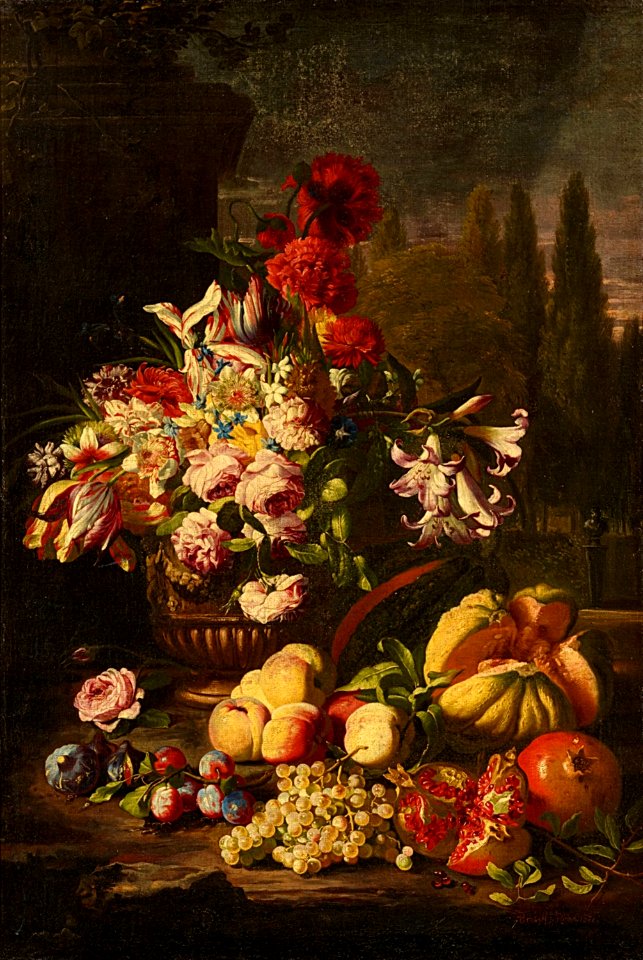 Abraham Brueghel - Flower and Fruit Still Life in a Park Landscape