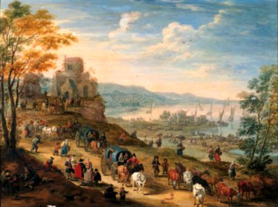 Mathys Schoevaerdts - Coastal scene with drovers and their herds and travellers in horse-drawn carts on a path