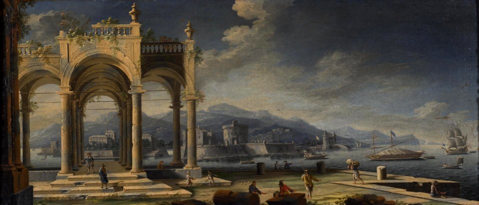 Gennaro Greco - Capriccio of ancient ruins at a Mediterranean port with boats and bystanders