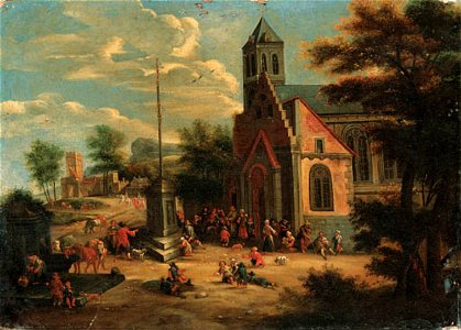 Mathys Schoevaerdts - Villagers outside a Church, a landscape with a manor house beyond