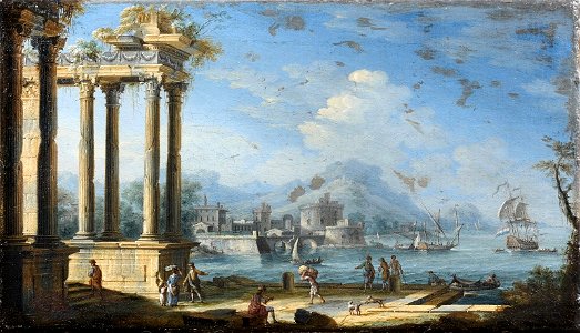 Italianate coastal landscapes with figures by classical ruins and shipping off the shore (2) by Gennaro Greco