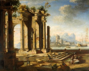 Gennaro Greco - Classical ruins with a seascape in the distance