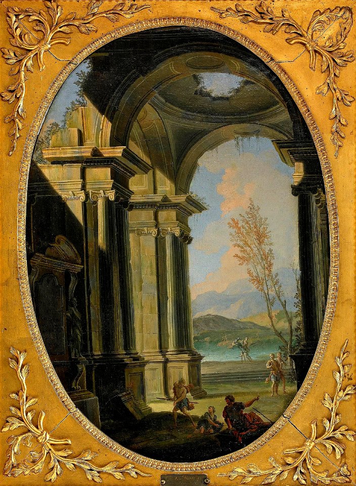 Antique temple ruin with figure scene by Gennaro Greco