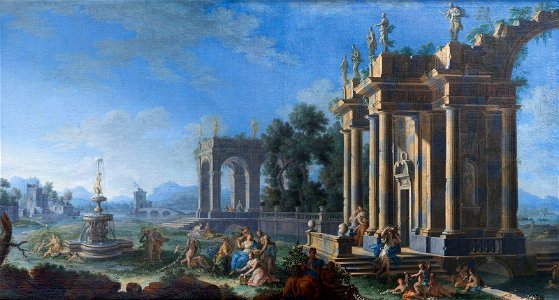 Flora surrounded by her nymphs in a landscape of ancient ruins by Gennaro Greco and Sebastiano Conca