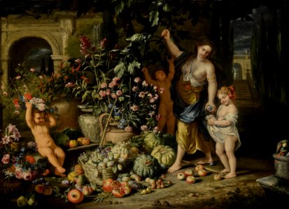 Abraham Brueghel and Nicola Vaccaro - A young woman picking figs with three children in a terraced garden