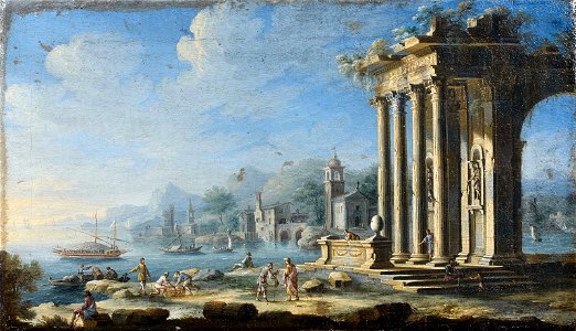 Italianate coastal landscapes with figures by classical ruins and shipping off the shore (1) by Gennaro Greco