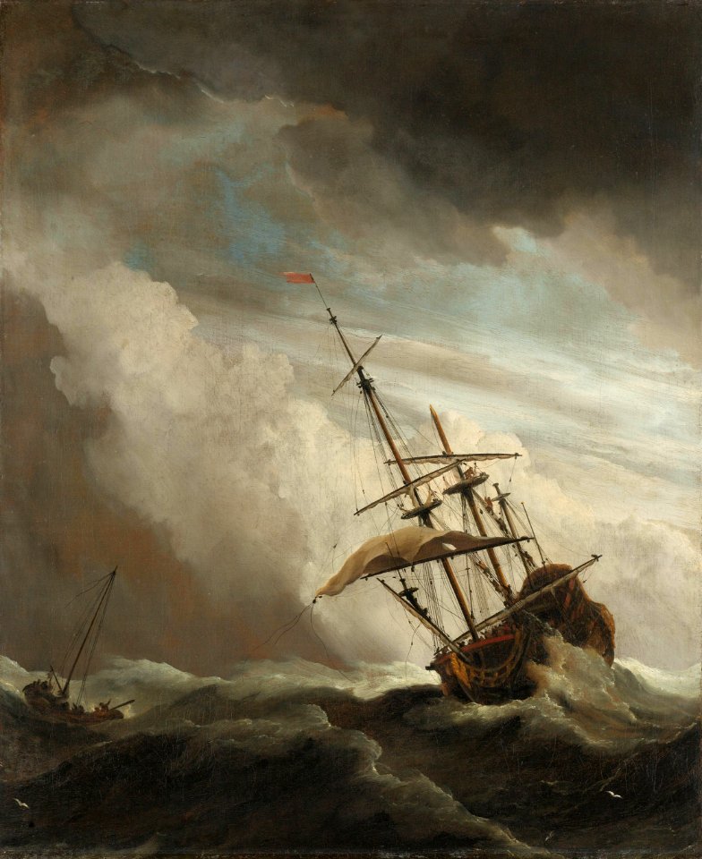 Een schip in volle zee bij vliegende storm, bekend als ‘De windstoot’ Rijksmuseum SK-A-1848