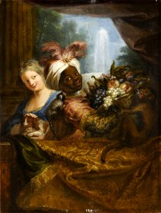 Antoine Coypel - Young black boy holding a fruit basket and a girl stroking a dog