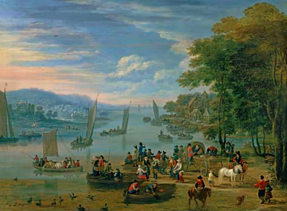 Mathys Schoevaerdts - Town on an estuary with peasants in boats