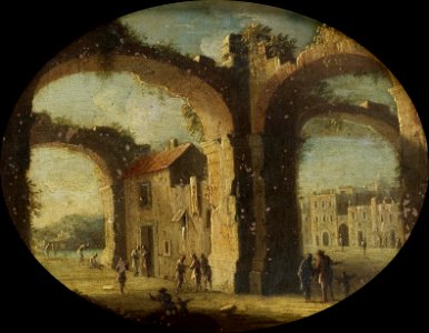 A capriccio scene with figures amongst classical ruins by Gennaro Greco